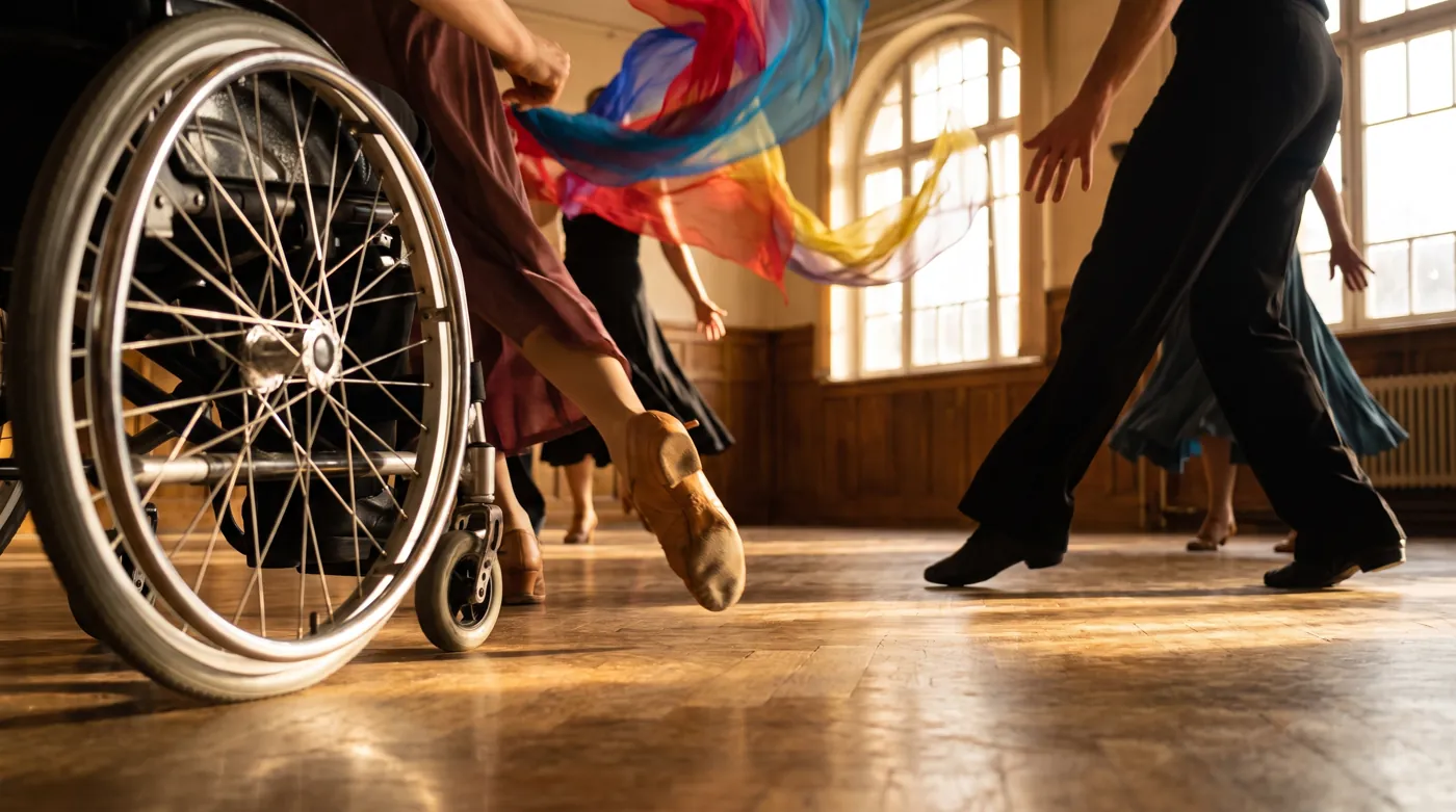 At floor level in a sunlit studio: a wheelchair wheel, dance shoes mid-step and colorful silk scarves in the air.