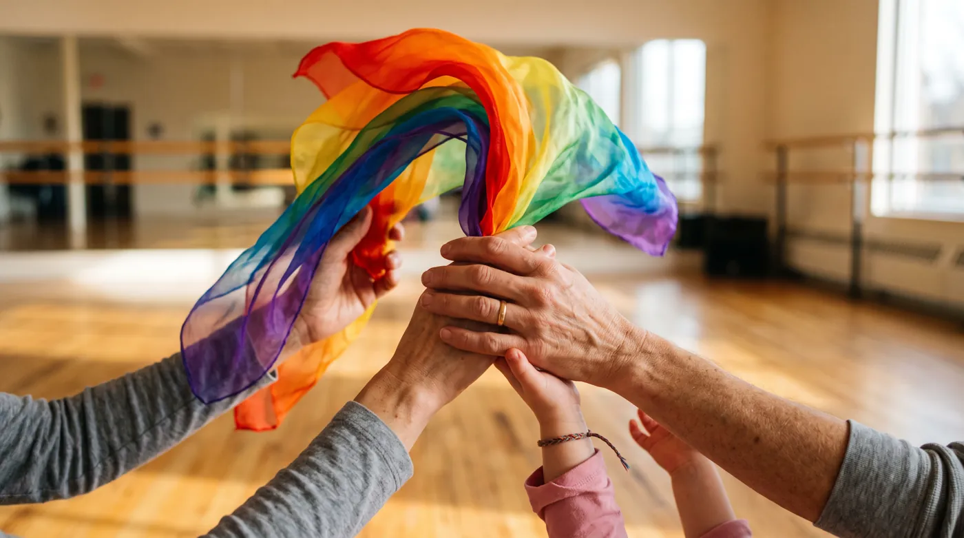Close-up of an adult’s and a child’s hands lifting a rainbow silk scarf in a sunlit dance studio; no faces visible.