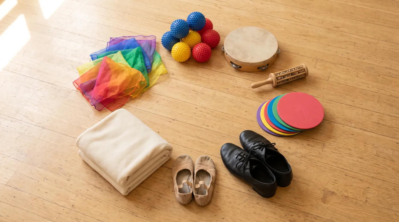 An adaptive dance class kit laid out on a studio floor: silk scarves, textured sensory balls, a hand drum, foam floor markers, a blanket and dance shoes.