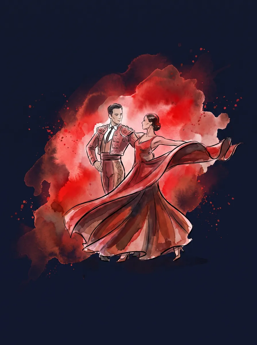 Watercolor and ink illustration — the Paso Doble