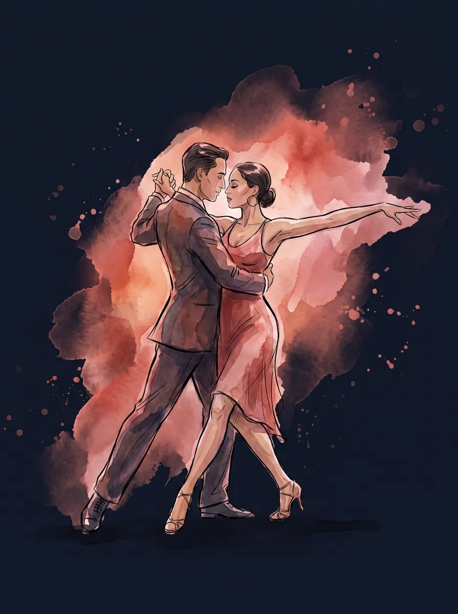 Watercolor and ink illustration — the Rumba