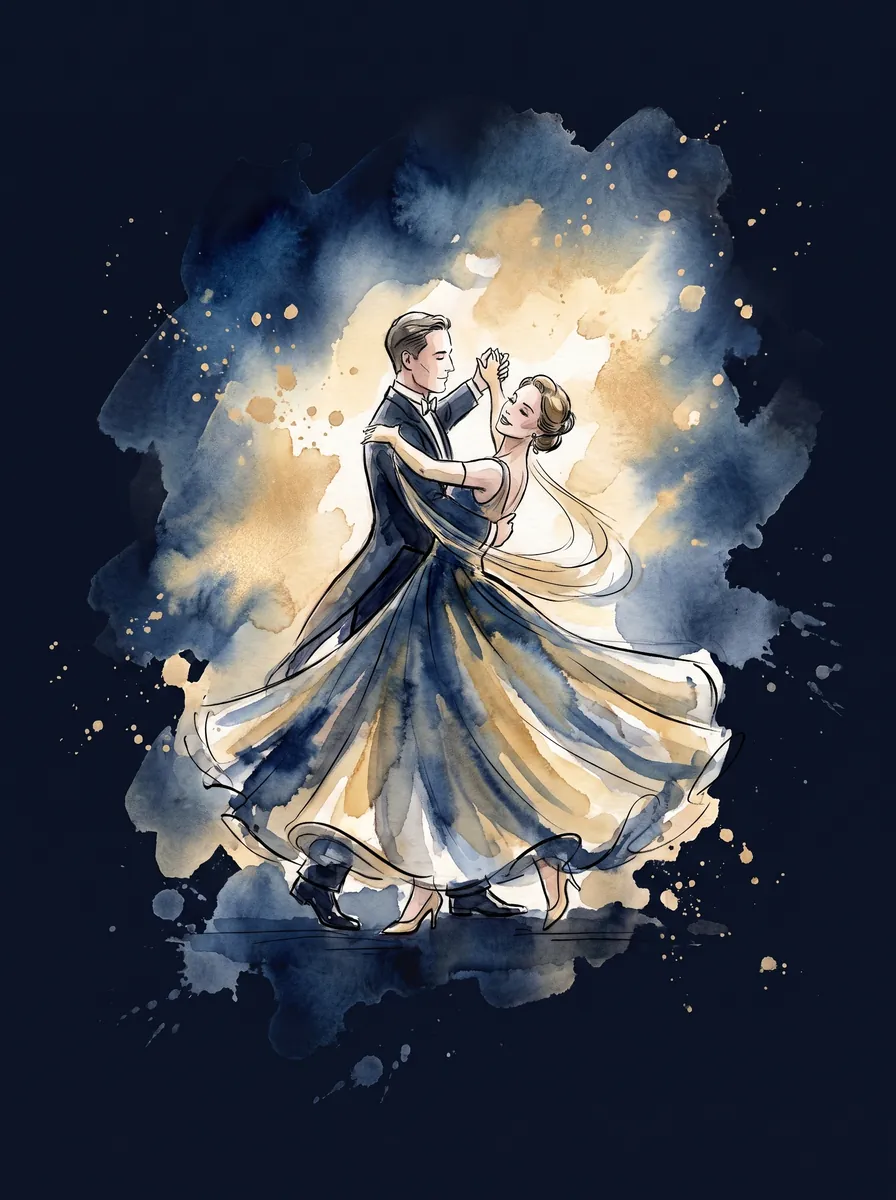 Watercolor and ink illustration — the Viennese Waltz
