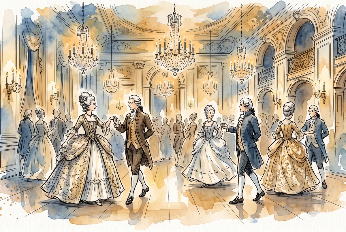 Painterly illustration of a 1780s Viennese ballroom with waltzing couples