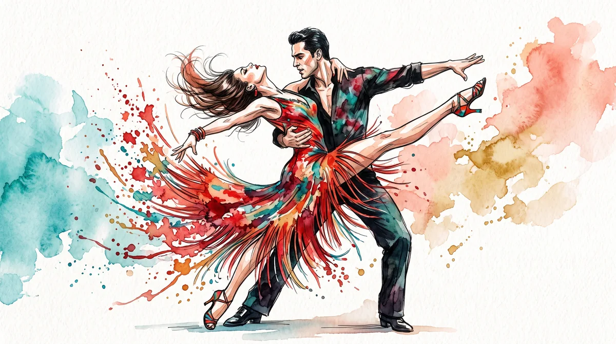 Painterly illustration of a Latin dancesport competition