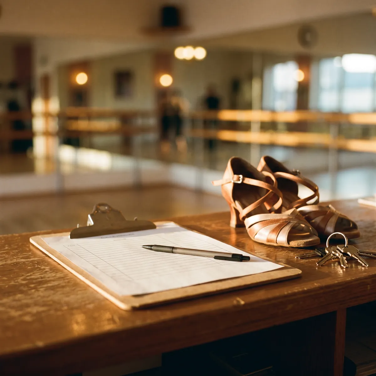 A blank enrollment form on a clipboard beside dance shoes on a reception counter.