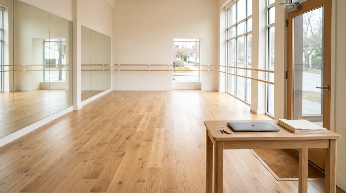 An empty new dance studio on opening morning: mirrors, barre, wood floor, a laptop and paperwork on a small table by the door.