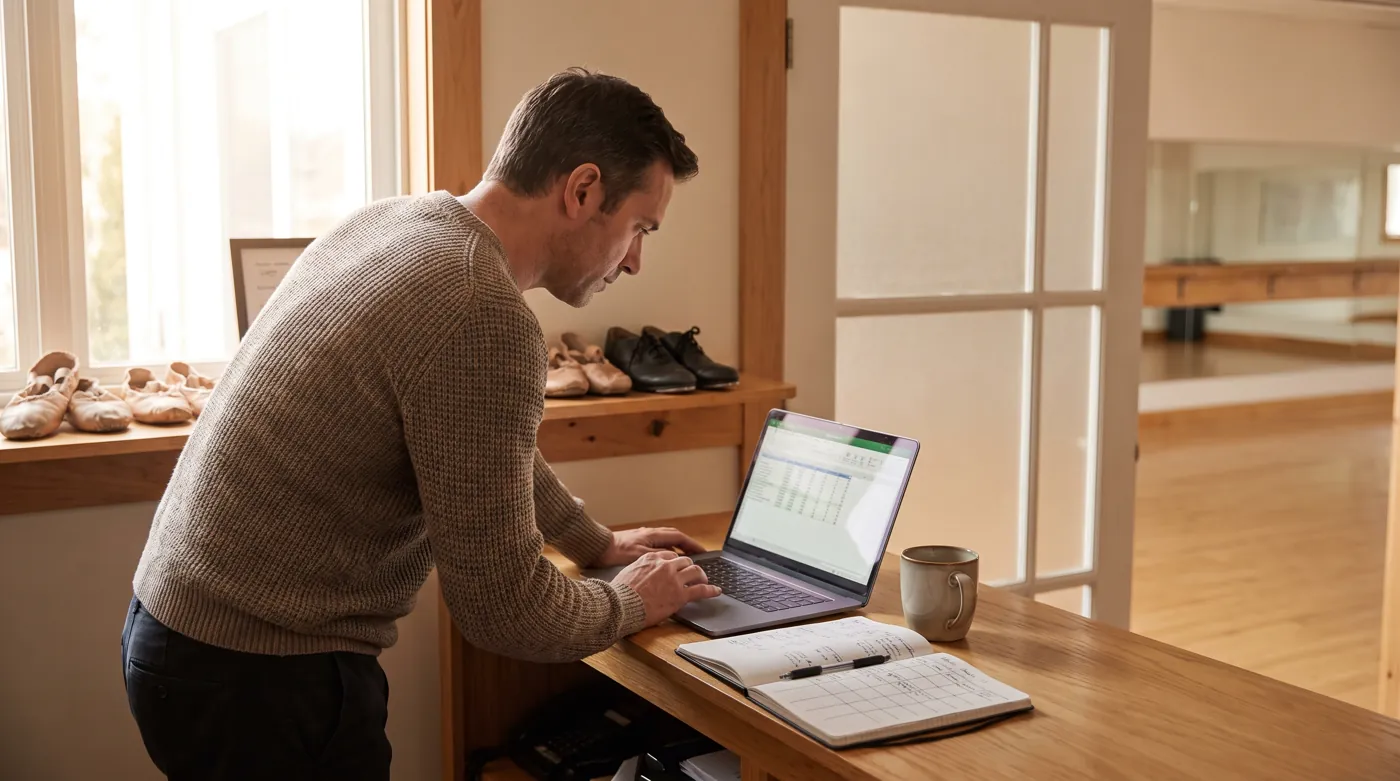 A studio owner reviewing a spreadsheet and a printed budget at the front desk.